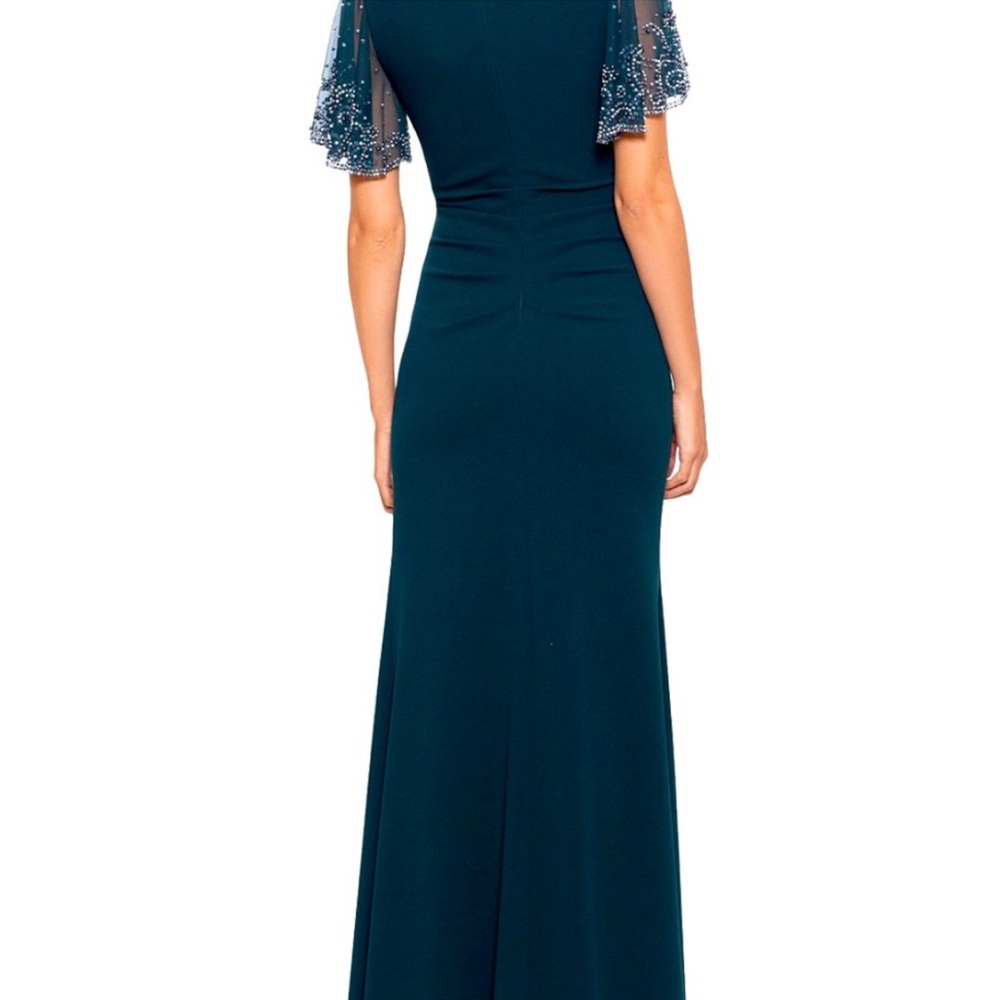 BETSY & ADAM Beaded Flutter-Sleeve Ruched Gown Square Neckline in Pine Green 8 - Picture 2 of 13